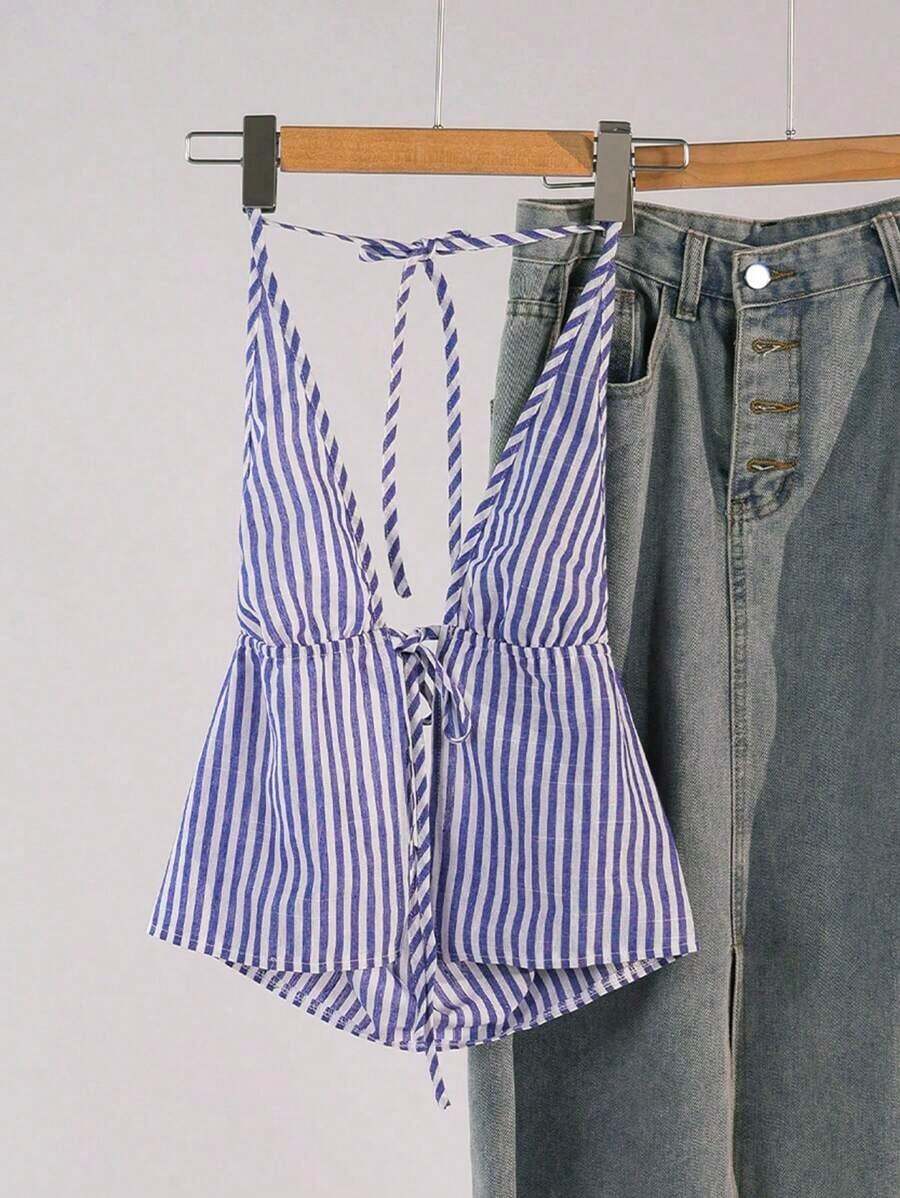 Top sin espalda con envoltorio y rayas para mujer - Azul - Ver 1