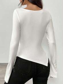 Women's Winter Sweater With A Plunging Neckline, Can Be Worn With An Asymmetrical Collar, Asymmetrical Hem, Knitted Top. - 白色 - 查看 2