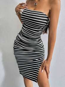 Vestido ajustado de tubo a rayas blancas y negras con abertura en los muslos para el atuendo de verano - Blanco y Negro - Ver 6