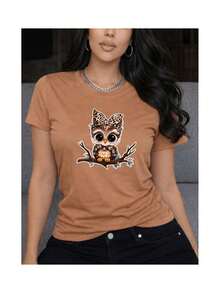 Women's Casual T-Shirt With Owl And Bow Print, Animal Print, Short Sleeve, Round Neck, Kawaii Chic, Youthful, Cute, And Sweet Style - 卡其色 - 查看 4