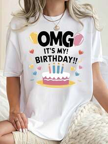 Camiseta de mujer con estampado de patrón de cumpleaños en inglés, divertida y sencilla, de moda y a la última, con cuello redondo y manga corta, camiseta deportiva casual y sencilla, top cómodo de verano para vacaciones para mujer - [Blanco] - Ver 6