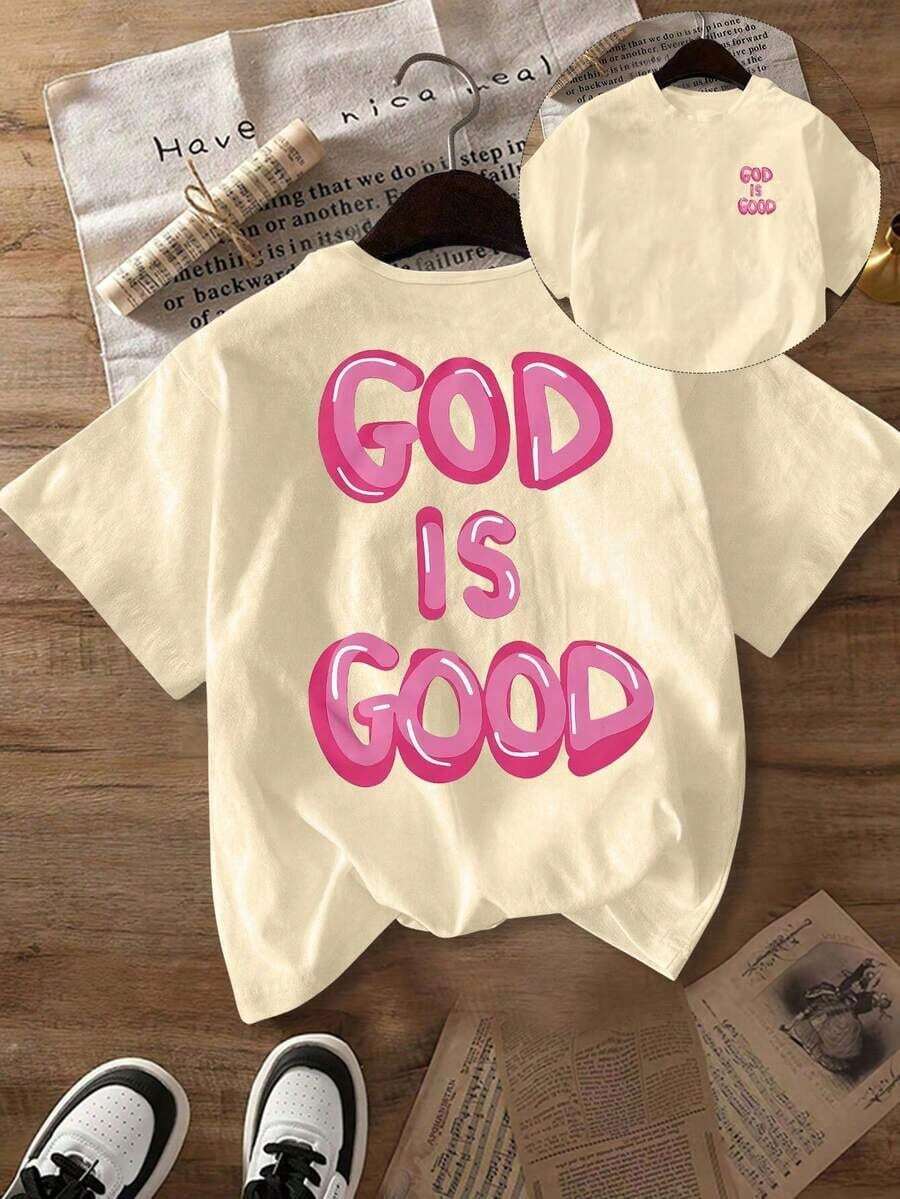 Mexican Basic Casual Short Sleeve Crew Neck T-Shirt With "God Is Good" Graphic Print, Comfortable Plus Size Crew Neck T-Shirt For Women, Spring And Summer, Black, New Launch - 杏色 - 查看 1