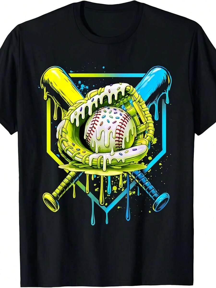 Camiseta unisex de manga corta con estampado de helado temático de béisbol, 220 gramos, colección de verano 2026. - Negro - Ver 1