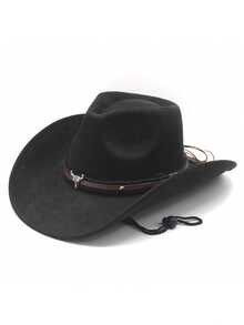 Unisex Western Cowboy Hat With Bull Skull Decor, Wide Brim Felt Cowgirl Hat With Adjustable Chin Strap, Vintage Sun Hat For Outdoor, Party, Festival, 4 Colors - Multicolor - View 11
