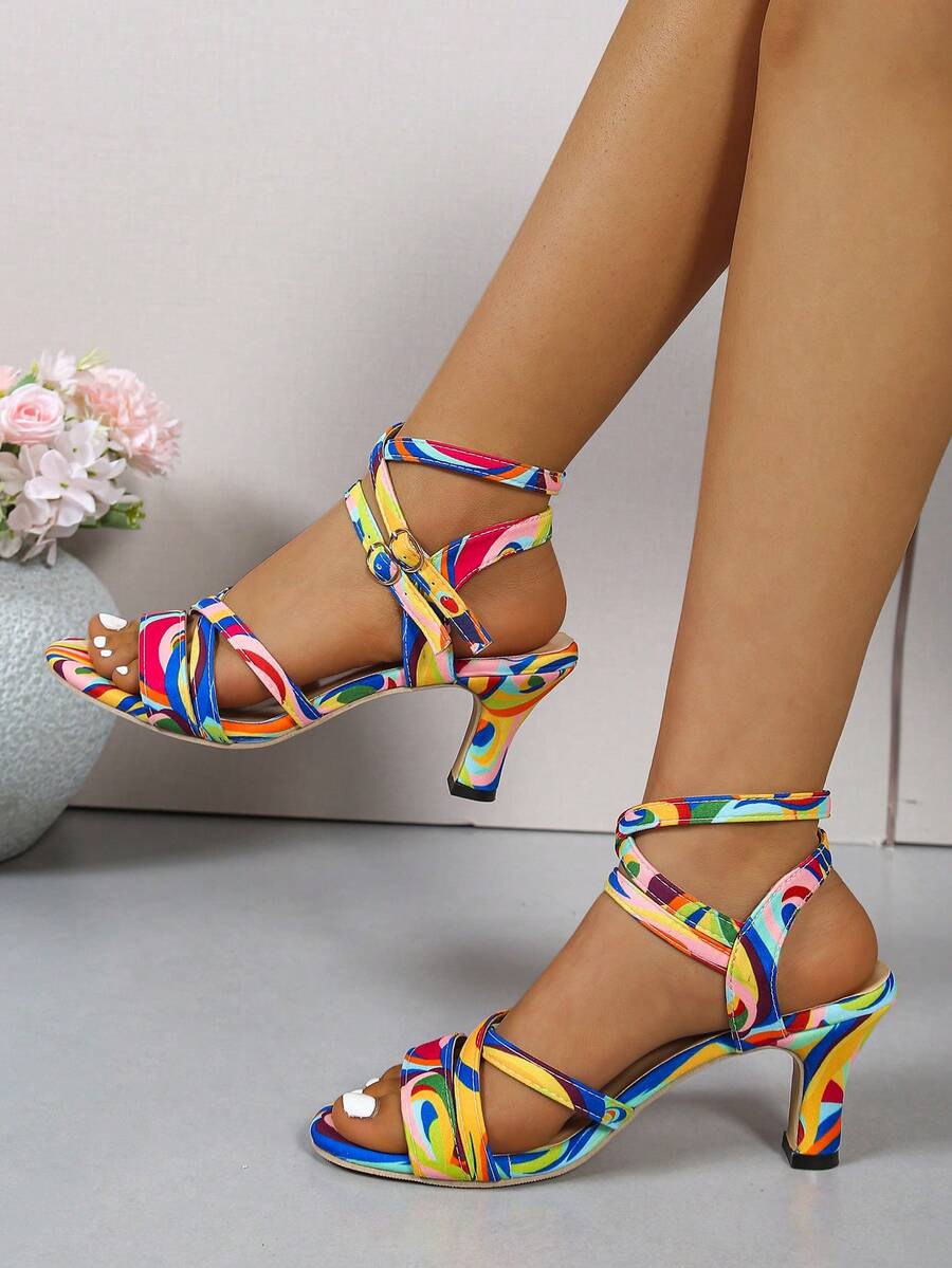 Neon Color Block Criss-Cross Strap High Heel Sandals, Eye-Catching Sexy Style - Iridescent - View 1