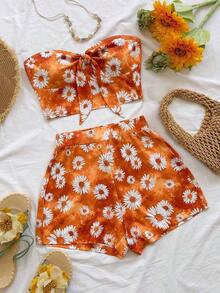2 piezas Conjunto de top corto a rayas y shorts de cintura alta para mujer, adecuado para vacaciones, citas, té de la tarde, playa, crucero, viaje a la ciudad, festival de música, estilo bohemio de playa - Amarillo 2 - Ver 10