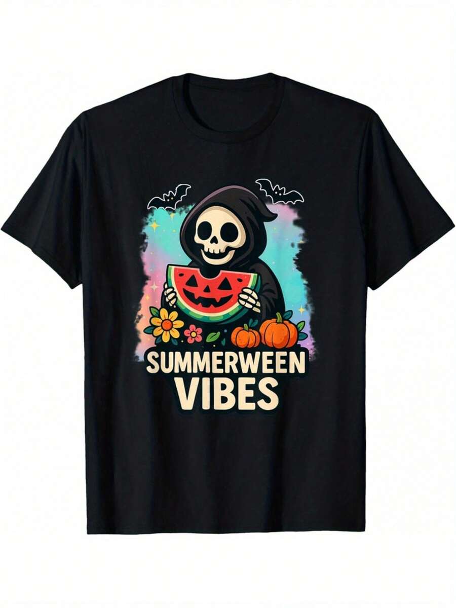 Camiseta Gráfica de Halloween y Summerween para Hombre | Camiseta Negra Retro con Estampado de Esqueleto y Sandía - Suave y Transpirable para Fiestas de Disfraces, Atuendos Casuales - Cuello Redondo, Corte Regular, Uso en Todas las Temporadas, Camiseta Estampada, Ropa de Fiesta - Negro - Ver 1