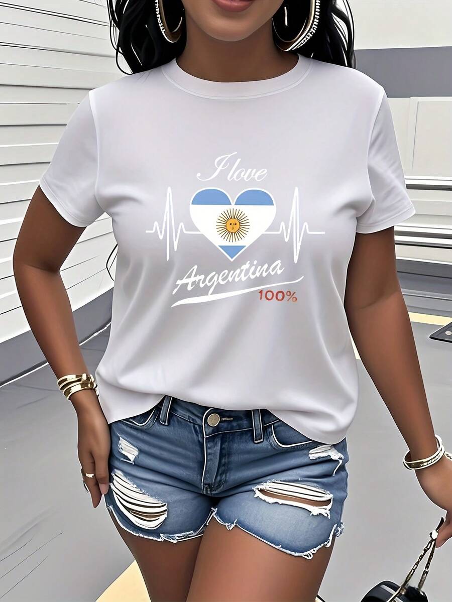 Women's T-Shirt Made Of Pure Cotton, Casual Loose Style, With Argentine Flag Heart Print, Short Sleeves And Round Neck, Modern, Versatile, Fashionable And Unique, Suitable For Casual Daily Wear, Travel, Vacation, Parties And As A Gift. - 白色 - 查看 1