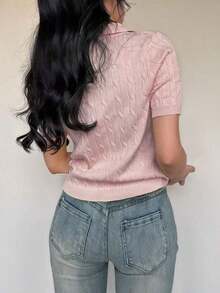 Blusa de punto de manga corta con cuello polo de unicolor simple para uso diario y casual de verano de las mujeres - Rosa - Ver 2