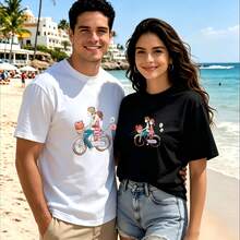 2-Piece Couple Matching Pattern T-Shirt, 100% Cotton, Loose Fit, Soft And Breathable, Casual Round Neck Short Sleeved Top Couple Riding Bike With Balloons Versatile Patterns No Picky Combinations Coordinated Dating Casual Travel Simple And Cartoonish Printing Styles High Cost-Effectiveness Couple - 白色 - 查看 1