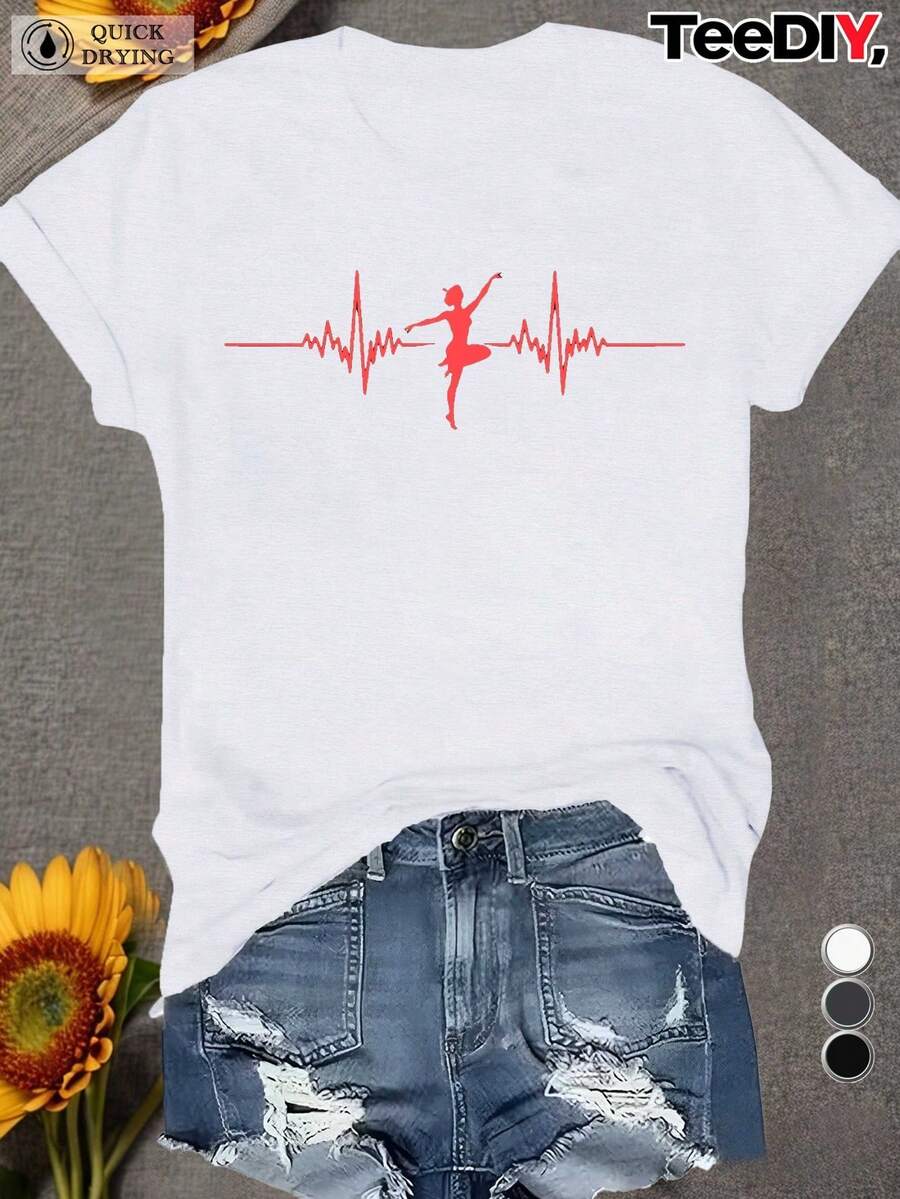 Camiseta de Mujer Talla con Silueta de Bailarina y Ritmo Cardíaco Blanco - Línea de Ritmo Cardíaco Roja y Diseño de Bailarina, Top Casual de Manga Corta y Cuello Redondo para Práctica de Baile, Ropa Casual y Comodidad para Todas las Estaciones, Ropa de Baile Transpirable con Patrón Geométrico, Corte Relajado, Tejido de Secado Rápido y Estilo Versátil para Todas las Estaciones, Ropa Casual con Temática de Baile con Silueta de Bailarina Dinámica, Accesorio de Ballet, Ropa de Mujer Curvilí - Blanco - Ver 1