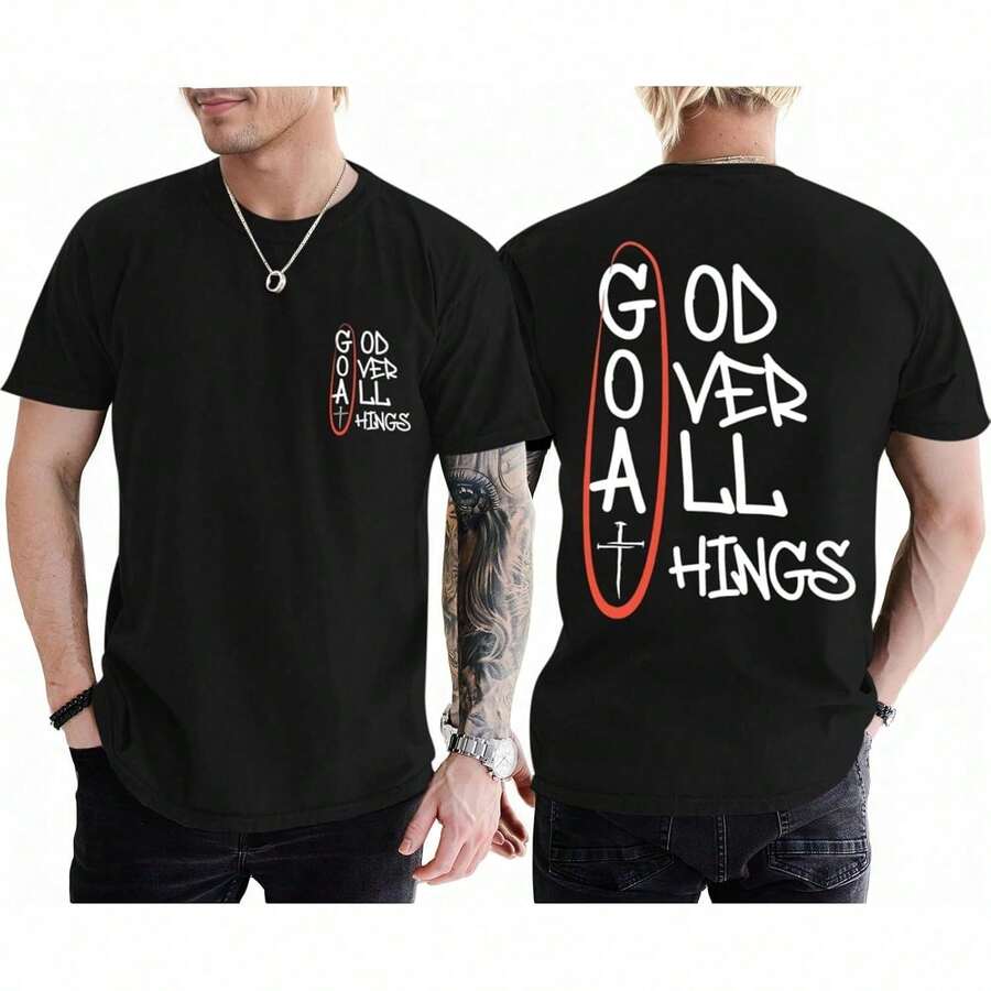 Camiseta Religiosa de Jesús para Hombre "Dios por Encima de Todo", Camiseta con Versículo Bíblico de Fe, Camiseta con Patrón de Cruz NKVT - Negro - Ver 1