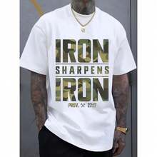 Camiseta Gráfica Oversize para Hombre CMBT 100% Algodón - Diseño con la Frase "IRON SHARPENS IRON" y el Versículo Bíblico Proverbios 27:17, Estampado Geométrico, Camiseta Casual de Estilo Urbano, Transpirable, Lavable a Máquina, Moda de Verano |         Patrón de camuflaje |         Tela duradera. VXFI - Blanco - Ver 12