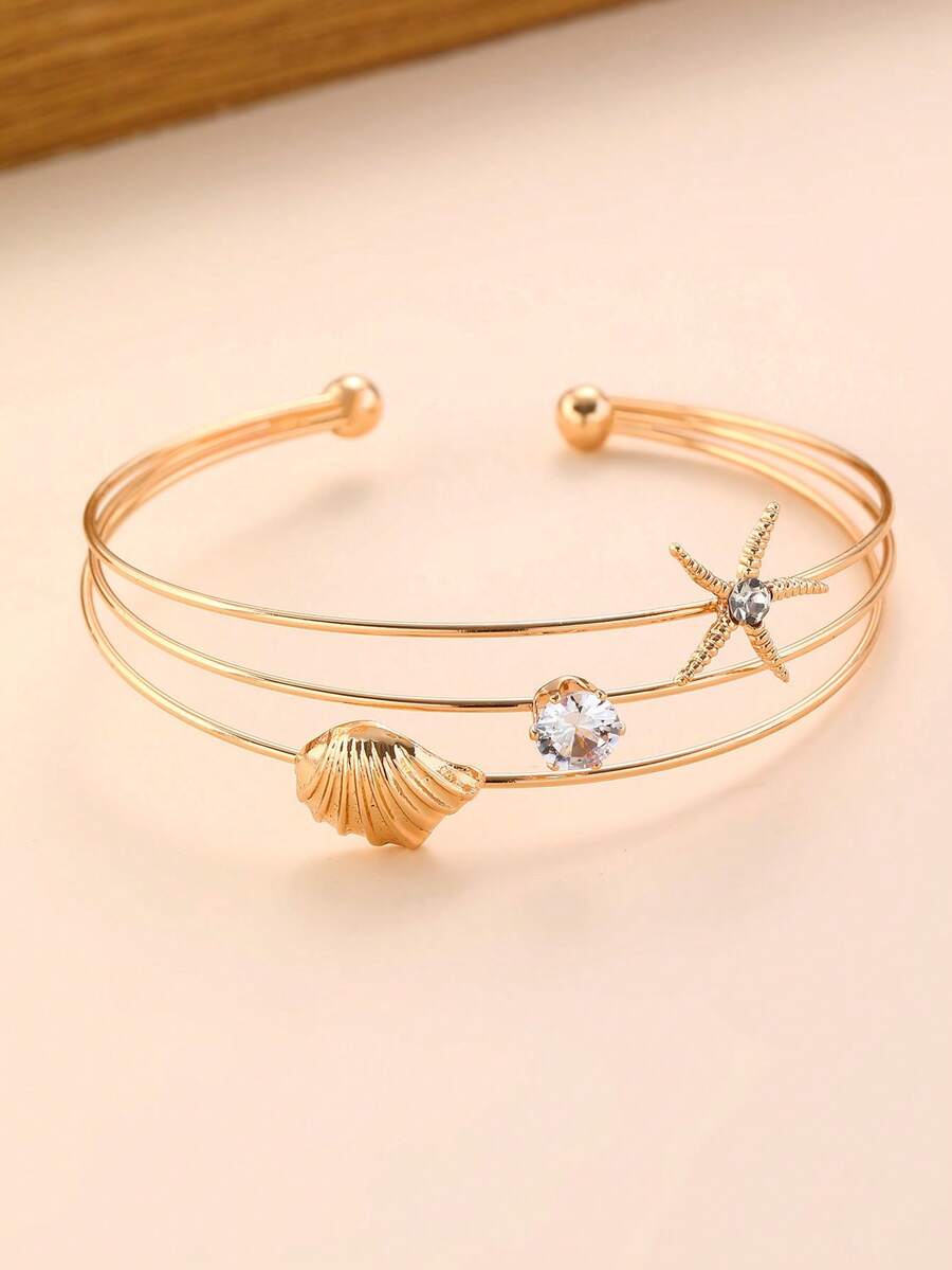 NAIZHU 1pc Fashionable Ocean Style Gold Starfish & Shell Open Bangle Bracelet For Women, Daily Dating & Vacation Accessory - Gold - View 1