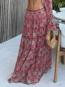 Conjunto mujer estilo europeo y americano, blusa corta estampada hombros al descubierto + falda larga casual y sensual - Color de la imagen - Ver 5