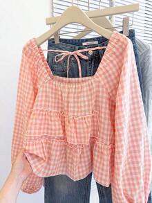 Blusa con volantes en el bajo, nueva llegada de otoño para mujer - Rosa coral - Ver 3