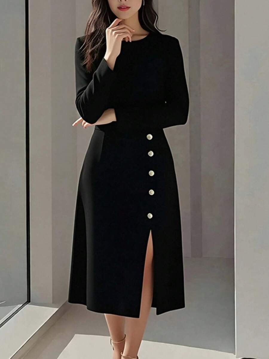 Vestido largo de fiesta liso primavera 2026, ajustado con abertura elegante - Negro - Ver 1