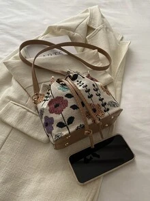 2026 New Mini Chinese Style Fabric Shoulder Bag, Calligraphy Shoulder Bag, Retro Floral Retro Print Bucket Bag, Casual Fashion Ladies Handbag, Spring Season - Apricot - View 4