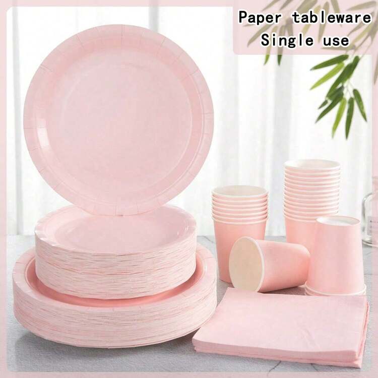 Platos y servilletas desechables de color rosa claro, juego de platos de papel desechables adecuado para cumpleaños, bodas, fiestas y picnics familiares, incluye 24 platos y servilletas, Navidad - Multicolor - Añade 1