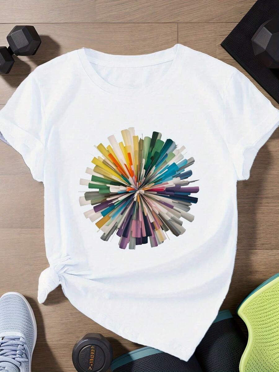 Camiseta Deportiva de Manga Corta para Mujer con Diseño Abstracto de Pinceladasuna camiseta estampada muy distintiva / estilo unisex / adecuada tanto para hombres como para mujeres / resistente a las arrugas / transpirable - Blanco - Ver 1