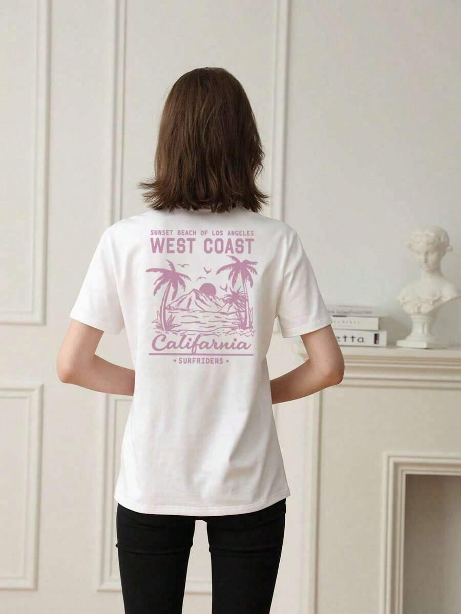 Women's Short-Sleeved T-Shirt With A Round Neck, A Casual Summer Style, Minimalist And Versatile, With A Palm Tree Print And Slogan, Suitable For Everyday Wear. Printed T-Shirt, Black, Vacation - 白色 3 - 查看 1