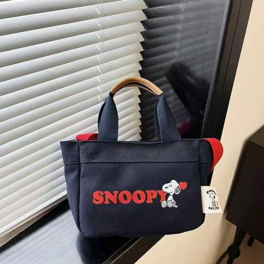 Túi tote vải canvas thêu hình Snoopy dễ thương, túi xách nhỏ hoạt hình Peanuts Kawaii, túi mini quai xách tiện dụng hàng ngày. - Nhiều màu - Xem 1