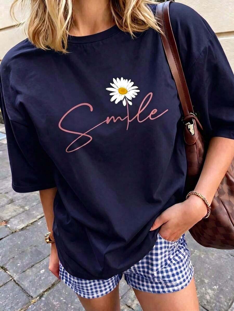 Camiseta de mujer estampada de manga corta para verano, tela de poliéster, estilo multifuncional, corte regular, peso 180 gramos, 1 unidad. - Azul oscuro - Ver 1
