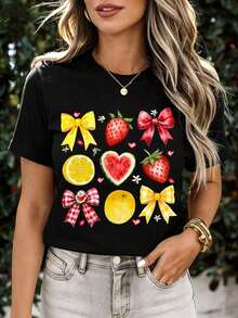 Camiseta Casual de Verano con Estampado de Frutas y Lazos, Diseño de Fresas, Sandía, Limón y Naranja, para Salidas Informales y Uso Diario, 100% Algodón, Resistente - Negro - Ver 7