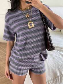 Conjunto de camiseta de manga corta y pantalones cortos de punto a rayas para mujer de estilo casual - Púrpura polvoriento - Ver 7
