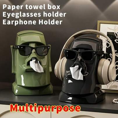 1pc Retro Stone Statue Tissue Box With Vintage Artistic Design. Integrated All-In-One Structure Serves As Tissue Holder For Living Room And Bedroom, Also Acts As Headphone And Glasses Stand. Stable And Space-Saving, It Combines Decoration And Practical Use, Organizing Desktop Items Neatly And Beautifying Home Space, Perfect For Daily Desktop Storage.