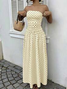 Vestido bandeau con cintura ceñida y estampado de lunares, estilo vacacional - Amarillo claro - Ver 4