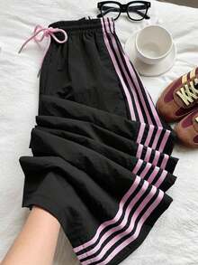 Pantalones de chándal casuales y holgados con cintura elástica y rayas laterales marrones para mujer - Negro - Ver 12