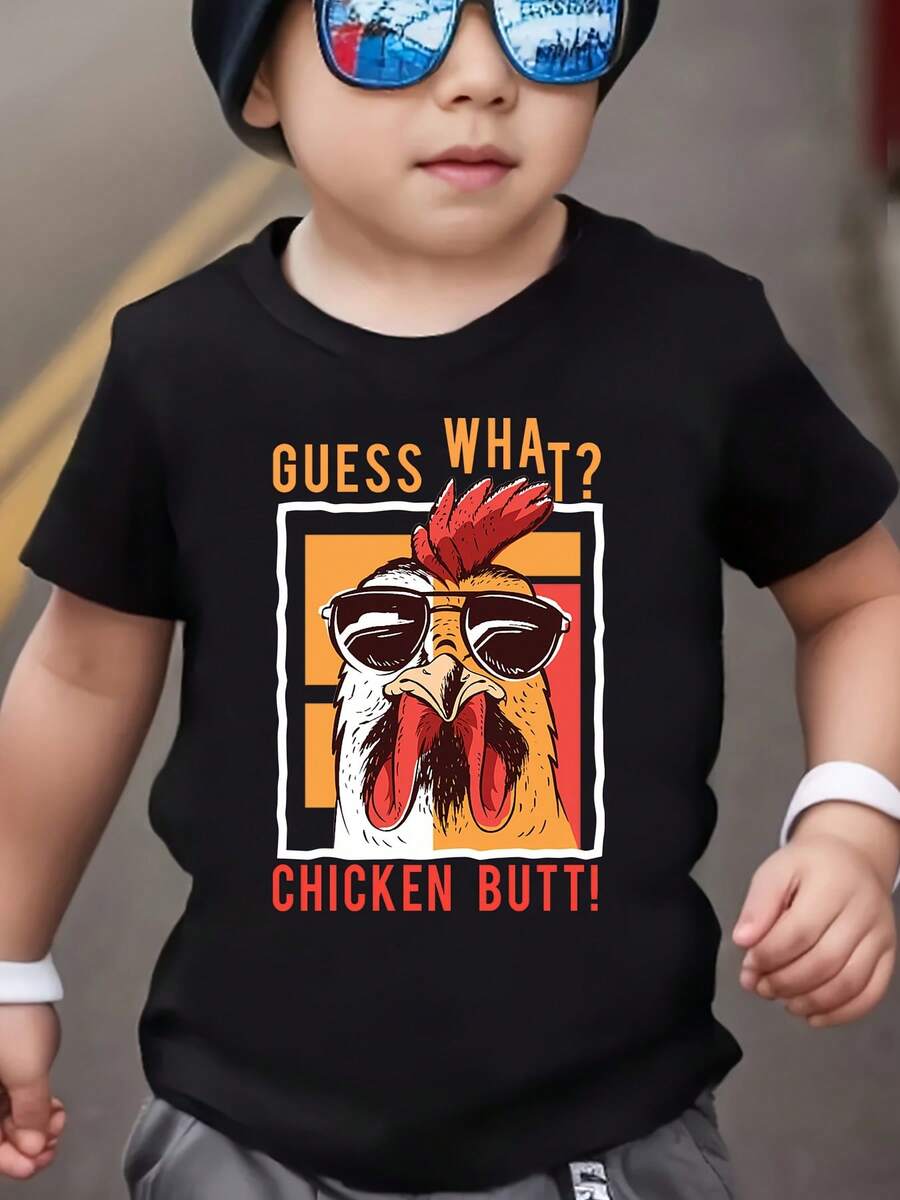 CamisetainformalyCamisa de manga corta versátil para niños, estilo veraniego, con estampado de gallo y la frase " the Chicken Butt", top casual para exteriores con gafas elegantes DX2896, Camisa. Camisetas con diseños gráficos para niños pequeños adecuadas para el uso diario, camisetas para hombre, camisetas temáticas de primavera 2026, camisetas de Pascua para bebés niñas, ropa de verano. - Negro - Ver 1
