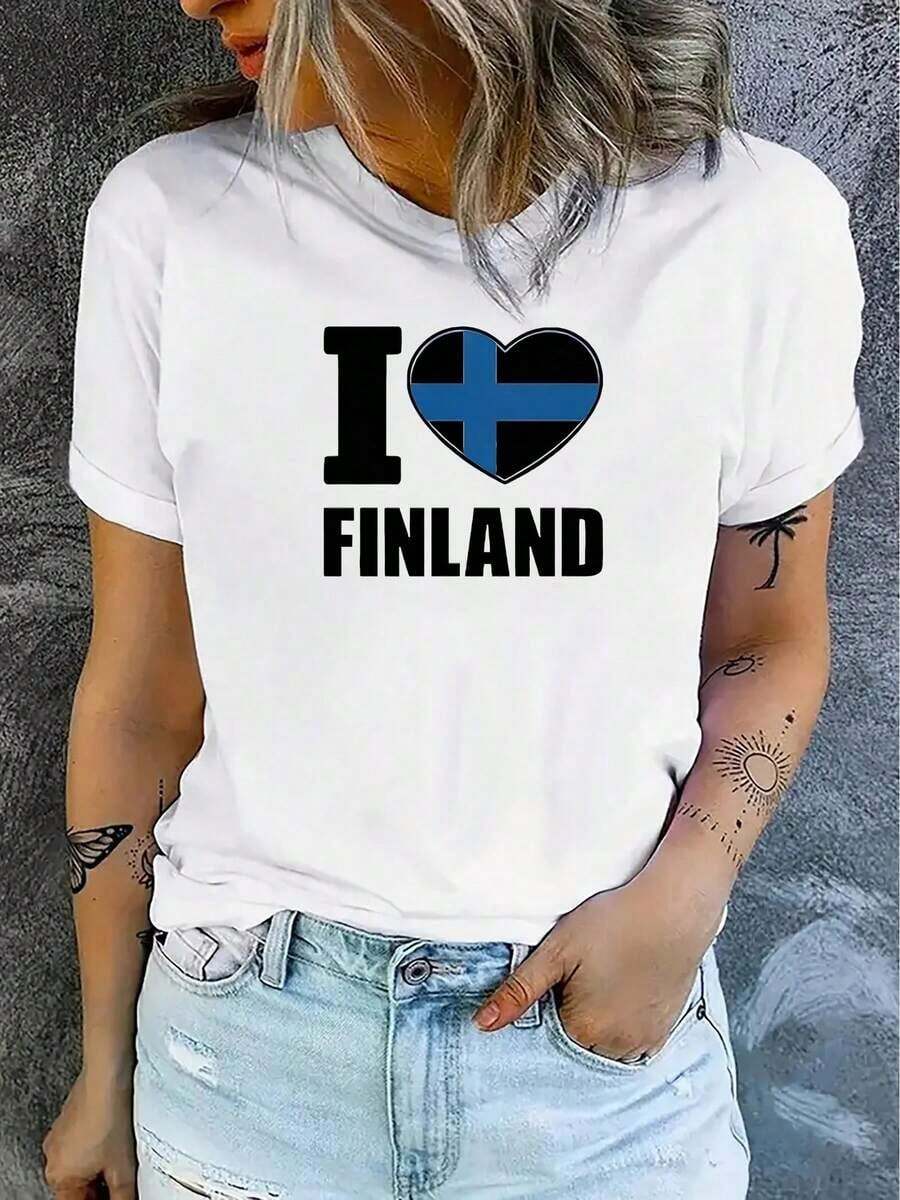 1 Camiseta Deportiva Casual de Moda para Hombre y Mujer con Cuello Redondo y Estampado de la Bandera Finlandesa, Ropa Deportiva para Mujer--Camiseta Básica Casual Versátil con Cuello Redondo, fácil de combinar, adecuada para uso diario, estilo urbano, ropa de vacaciones, ropa de fin de semana. - Blanco - Ver 1