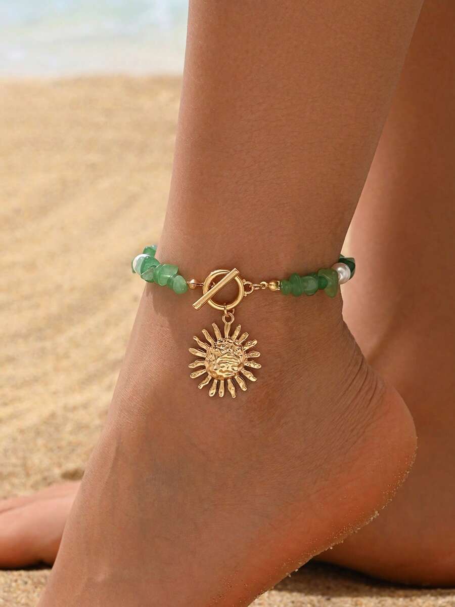 1 pieza Tobillera con colgante de sol estilo bohemio, joyería para el pie con tono dorado, decorada con piedras verdes y perlas falsas, adecuada para uso diario, vacaciones de verano, fiestas, festivales de música. El tamaño y la cantidad de piedras verdes son aleatorios. - Multicolor - Ver 1