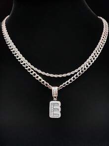 Bộ 2 món: 1 mặt dây chuyền chữ cái đính đá Cubic Zirconia & 2 dây chuyền thép không gỉ, 26 chữ cái tiếng Anh, Dây chuyền mặt dây chuyền phong cách hip hop cổ điển dành cho nữ, Thích hợp đeo hàng ngày hoặc dự tiệc, Quà tặng ngày Valentine - Bạc - Xem 19