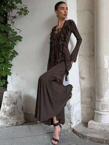 Women's Autumn Dress, European Style, Long Sleeve With Ruffles, Ties, Fitted Waist, Elegant And Modern Fashion - 棕色 - 查看 4
