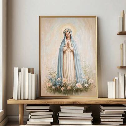 1pc Framed/Unframed Virgin Mary Catholic Canvas Poster Marian Floral Crown Christian Wall Art Print Minimalist Religion Decor Scroll Painting For Apartment,Living Room,Bedroom,Modern Home Decoration