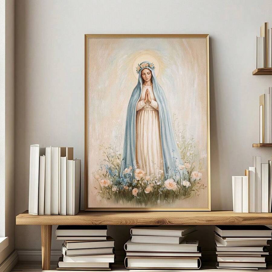 1pc Framed/Unframed Virgin Mary Catholic Canvas Poster Marian Floral Crown Christian Wall Art Print Minimalist Religion Decor Scroll Painting For Apartment,Living Room,Bedroom,Modern Home Decoration
