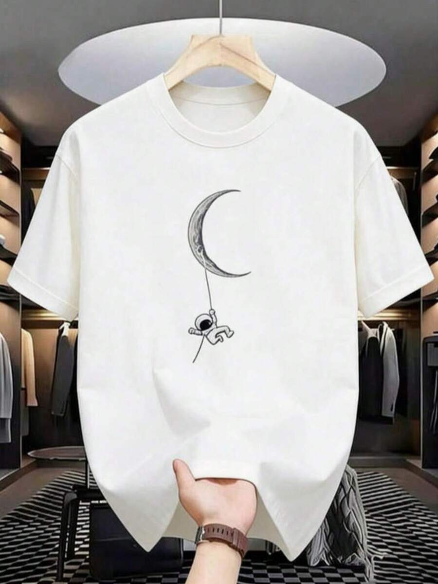New Men's Short-Sleeved T-Shirt, High-Quality Crew Neck T-Shirt, Loose Fit, Casual And Versatile Print T-Shirt. Suitable For Vacations, Walks, Travel, And As An Undergarment - 白色 - 查看 1