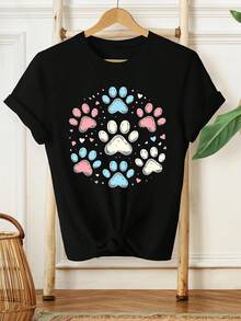 Women's Summer T-Shirt With Colorful Paw Print And Small Heart Pattern, Short-Sleeved T-Shirt, Fashionable Casual Printed T-Shirt For Ladies, Stylish Women's Clothing. A Very Distinctive Printed T-Shirt / Unisex Style / Suitable For Both Men And Women / Wrinkle-Resistant / Breathable - 黑色 - 查看 1