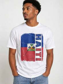 Camiseta con el Escudo de Armas de Haití, 100% Algodón, Estilo Casual, Cuello Redondo, Transpirable, Cómoda, Ropa para Vacaciones - Blanco - Ver 3