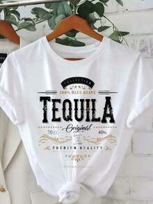 100% cotton Camiseta ajustada de cuello redondo para mujer con estampado vintage de la marca Tequila - Combinación de colores negro y dorado con llamativas inscripciones "100% Blue Tequila" y "Premium Quality".|     La elección perfecta para ropa casual o para amantes del tequila.|     Declaración de Moda Única, Inigualable Adecuada para Uso Diario, Vacaciones, Fiestas - Blanco - Ver 6