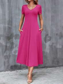 Vestido unicolor con bolsillo oculto escote V - Rosa Fucsia - Ver 5