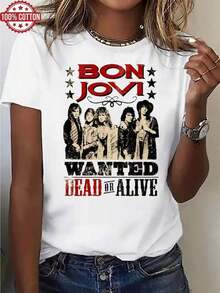 1 camiseta de manga corta para mujer, 100% algodón, con estampado gráfico de Bon Jovi Wanted Dead Or Alive, perfecta para uso diario, ideal como regalo para festivales o cumpleaños. - Blanco - Ver 1