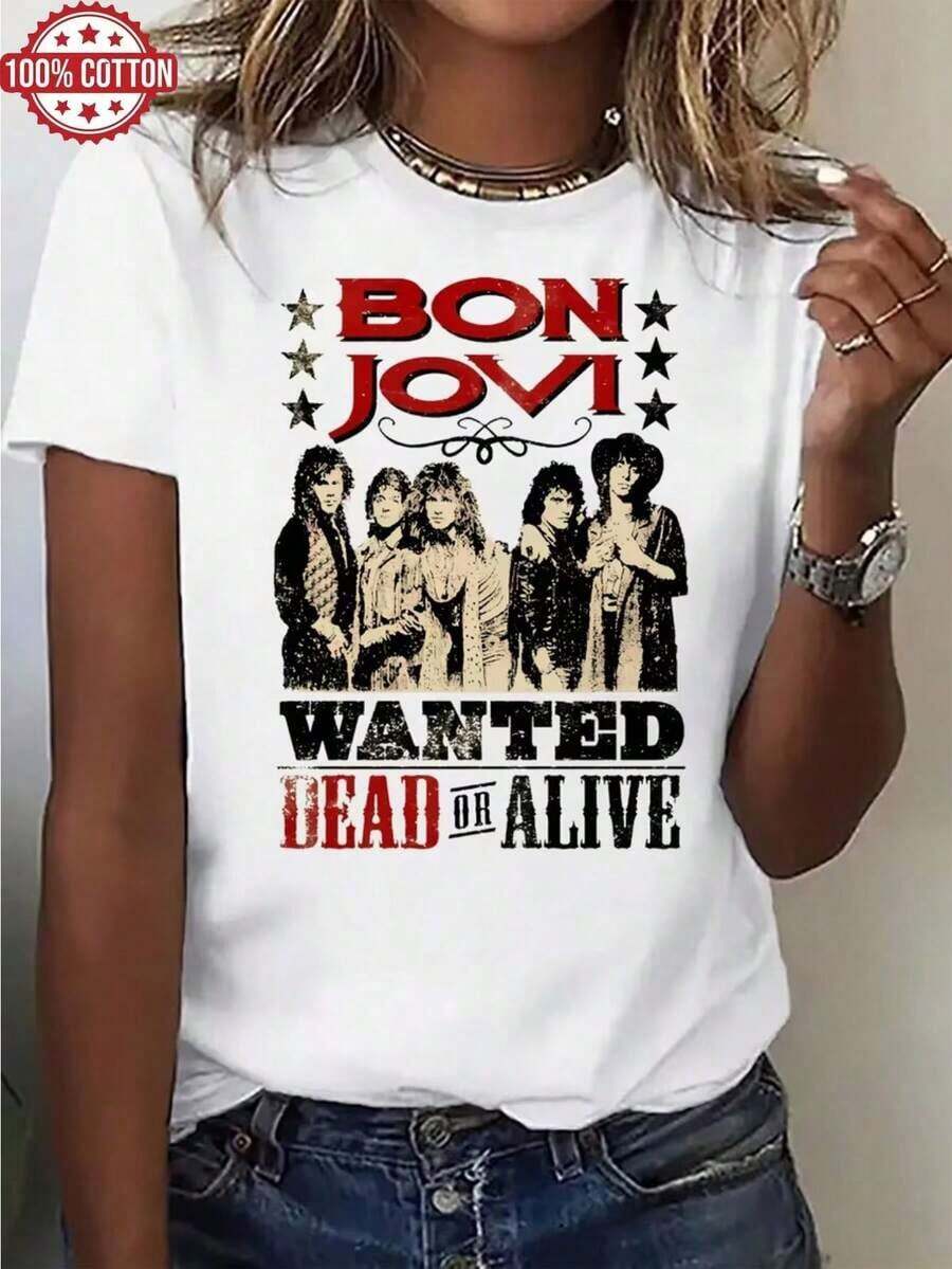 1 camiseta de manga corta para mujer, 100% algodón, con estampado gráfico de Bon Jovi Wanted Dead Or Alive, perfecta para uso diario, ideal como regalo para festivales o cumpleaños. - Blanco - Ver 1