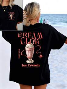 Graphic Depicting An Iced Cup With Whipped Cream, Evoking Sweetness, Freshness, And Summer Pleasure, With Retro Artistic Lettering In Pink Tones. Women's Double-Sided Casual T-Shirt, Comfortable And Ideal For Relaxed Days. - 黑色 - 查看 8