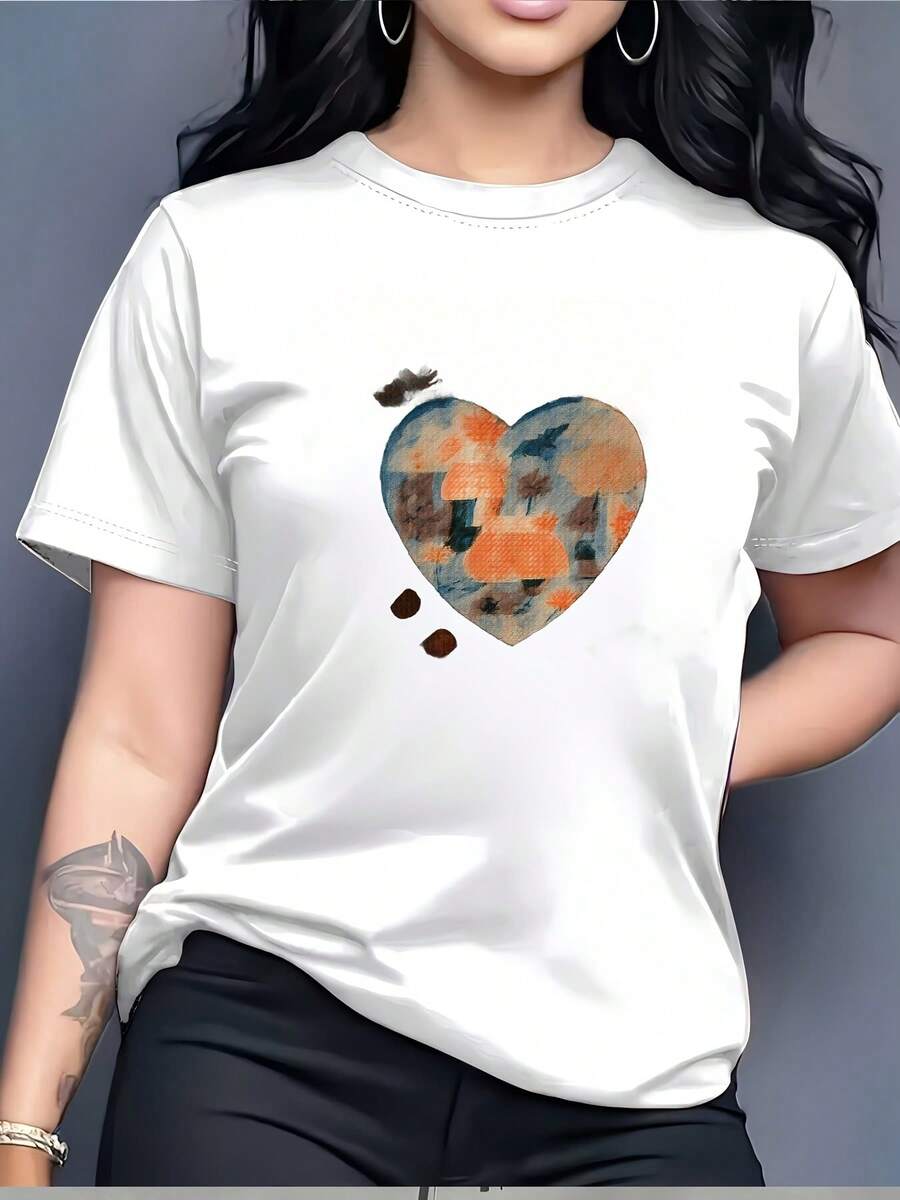 Women's 180g Casual T-Shirt With Heart Design, Perfect For Family Gatherings, Independence Day Celebrations And Company Building Activities - Unisex Loose Cotton Short-Sleeved Crew Neck Urban Vintage Style T-Shirt. - 白色 - 查看 1