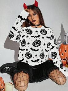 Suéter de mujer con estampado de calabaza y murciélago de Halloween, jersey de punto de otoño e invierno - Multicolor - Ver 6