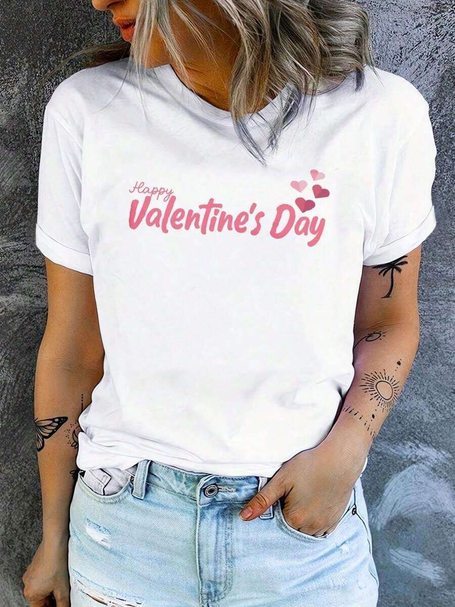 Soft 100% Cotton T-Shirt, Casual Short-Sleeved Crew Neck T-Shirt For Women, With Creative Valentine's Day Prints, Simple Design, Ideal For Outdoor Activities, Comfortable And Versatile, The Perfect Choice For A Birthday Gift, Also A Good Option For Family And Friends. Breathable Cotton T-Shirt, Goes With Everything. - 白色 3 - 查看 1